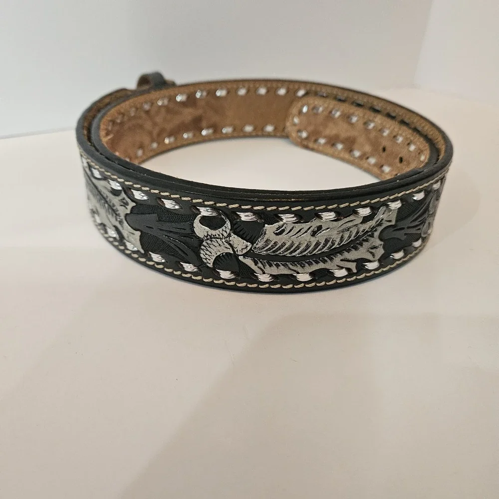 Vtg Bocephus Mallory Tooled Leather Western Cowboy Belt Black Sz 40 No Buckle